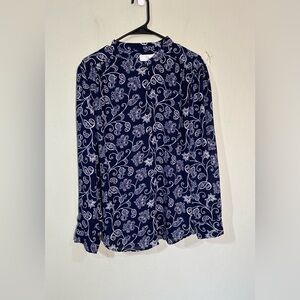 Time and True navy blue with white floral sheer carrer work office blouse XL